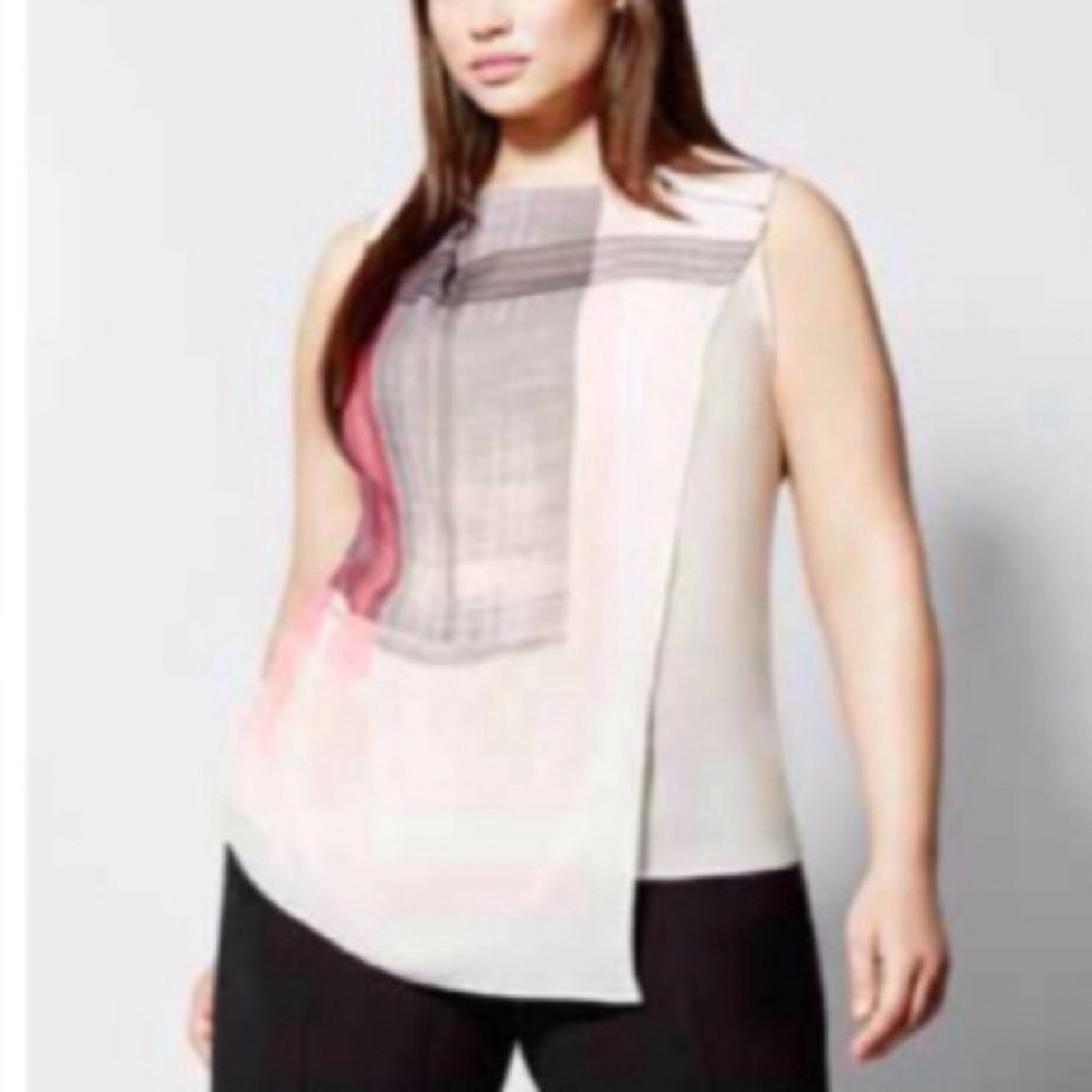 Modern Abstract Asymmetric Streetwear Pink and Black Sleeveless Faux Wrap Top - Picture 8 of 8